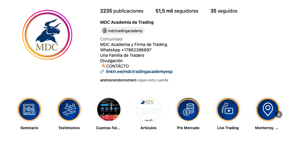 Cuenta oficial de Instagram de MDC Trading Academy